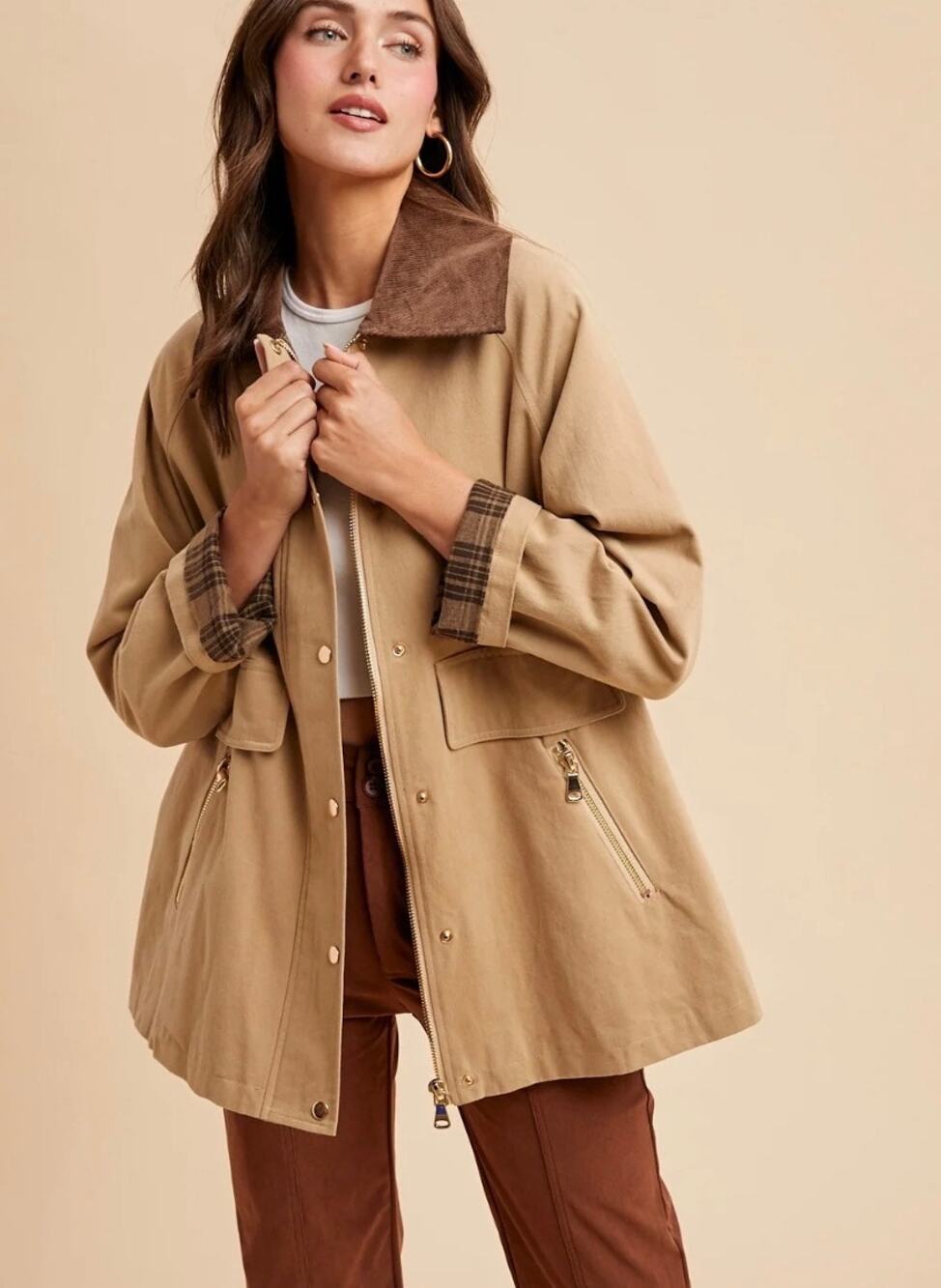 In Loom Genevieve Barn Chore Jacket Corduroy Collar Sandy Beige Size Medium